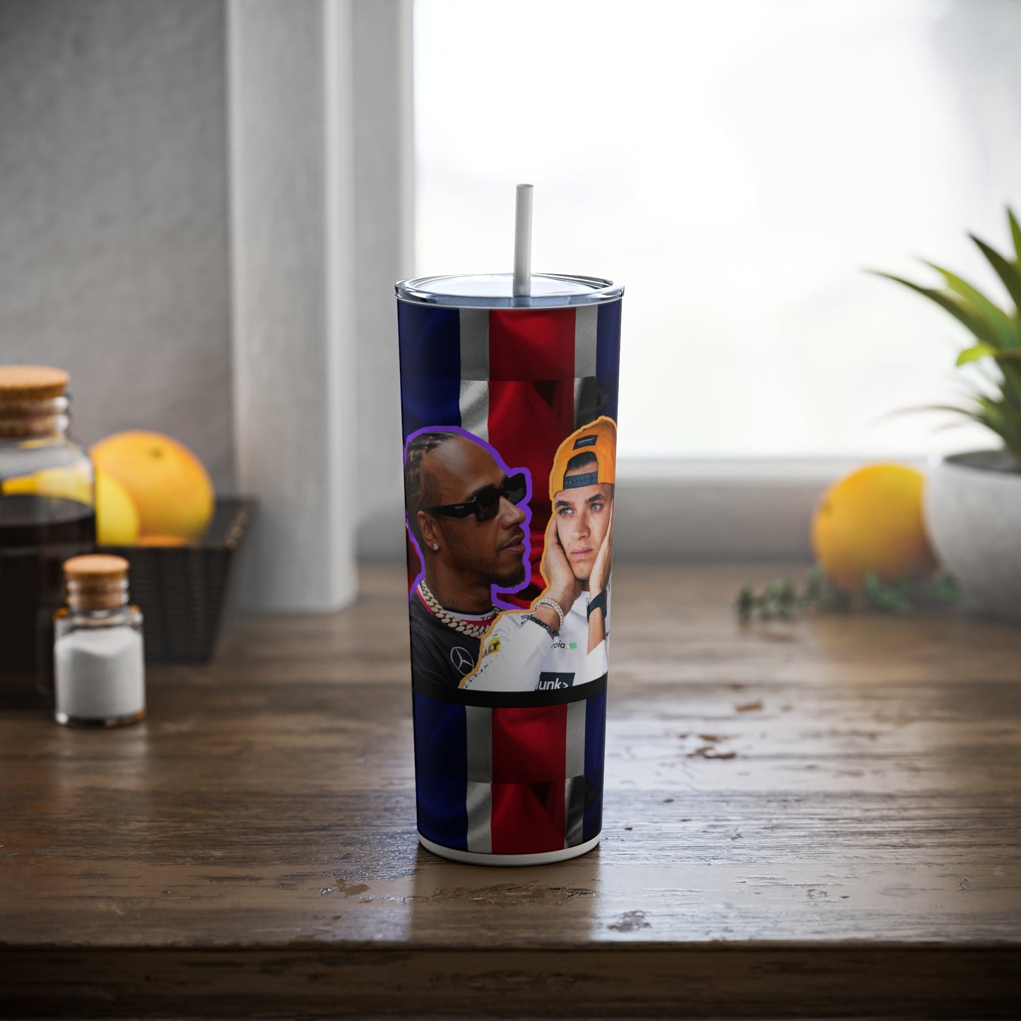 F1 'Brit Crew' Cup/tumbler | Lando, Lewis, George and Albon | Skinny Steel Tumbler with Straw, 20oz