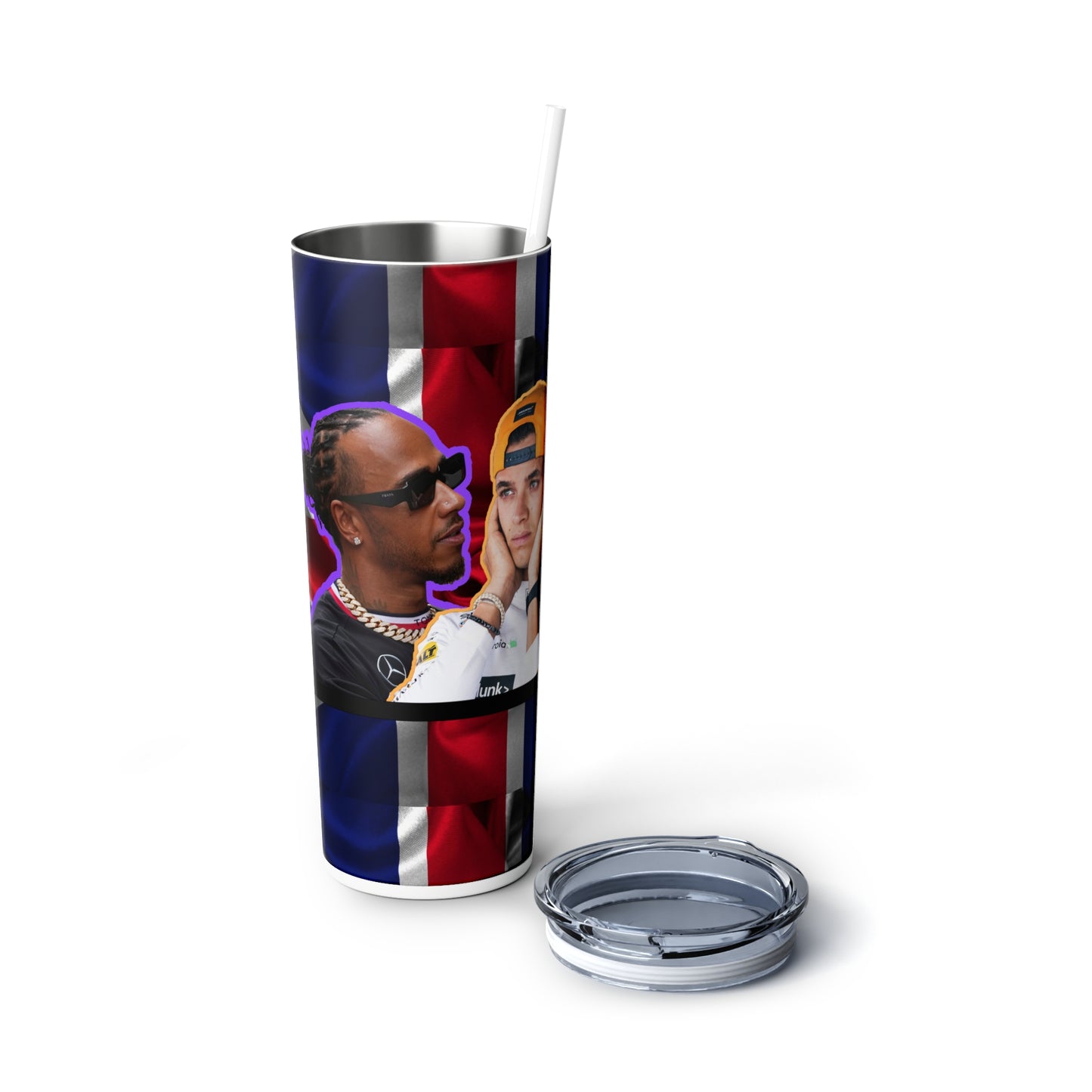 F1 'Brit Crew' Cup/tumbler | Lando, Lewis, George and Albon | Skinny Steel Tumbler with Straw, 20oz