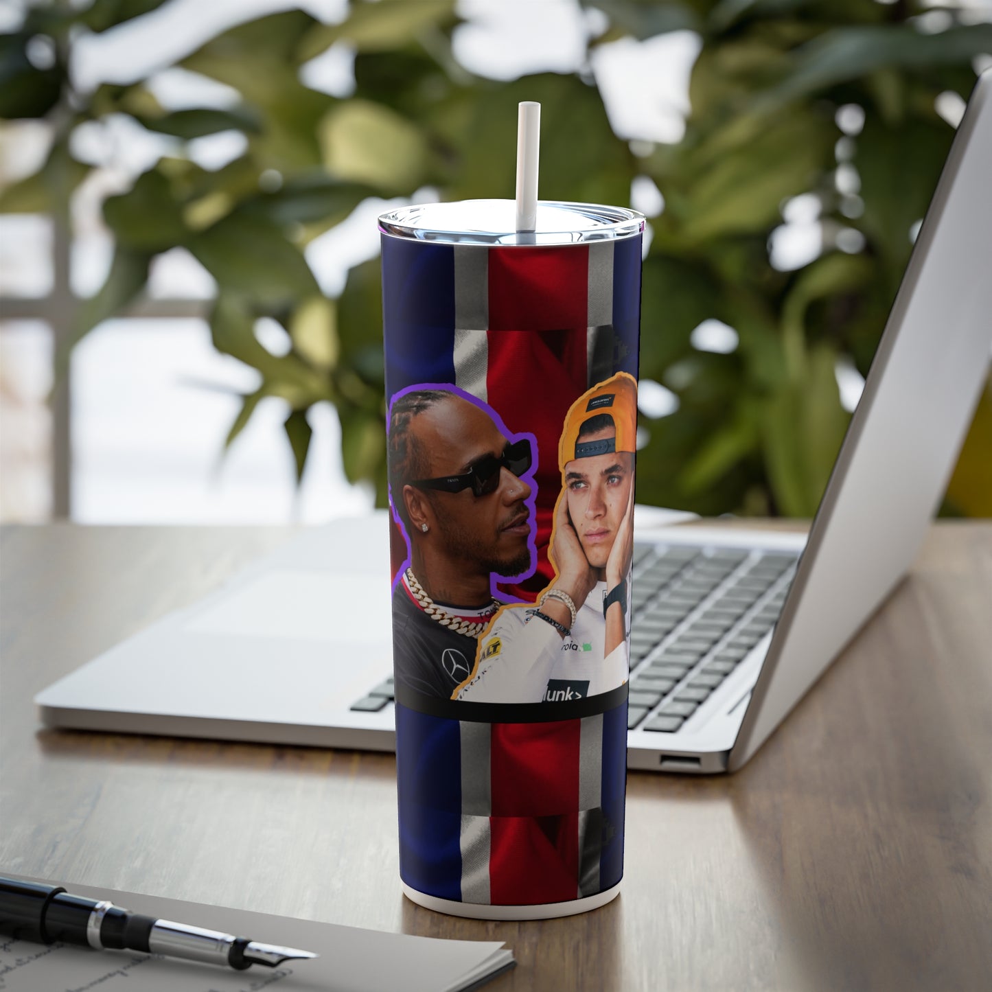 F1 'Brit Crew' Cup/tumbler | Lando, Lewis, George and Albon | Skinny Steel Tumbler with Straw, 20oz